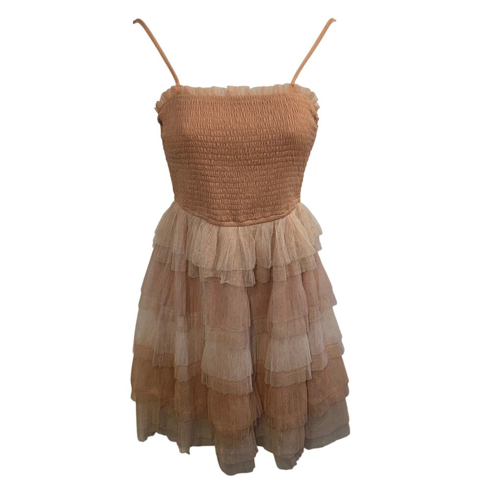 STORIA Tulle Smocked Mini Dress M Ruffle Tiered Cottagecore Coquette‎ Balletcore